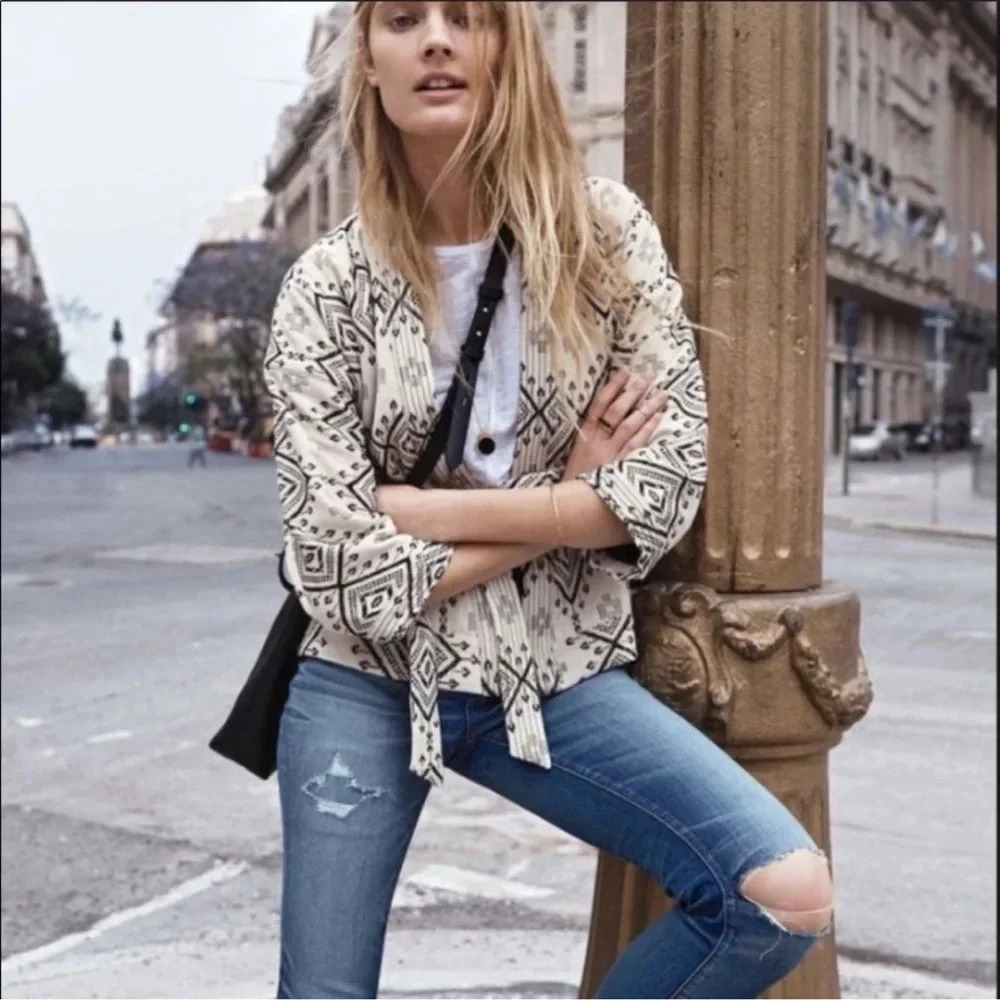 Madewell Cream and Black Patterned Kimono Jacket